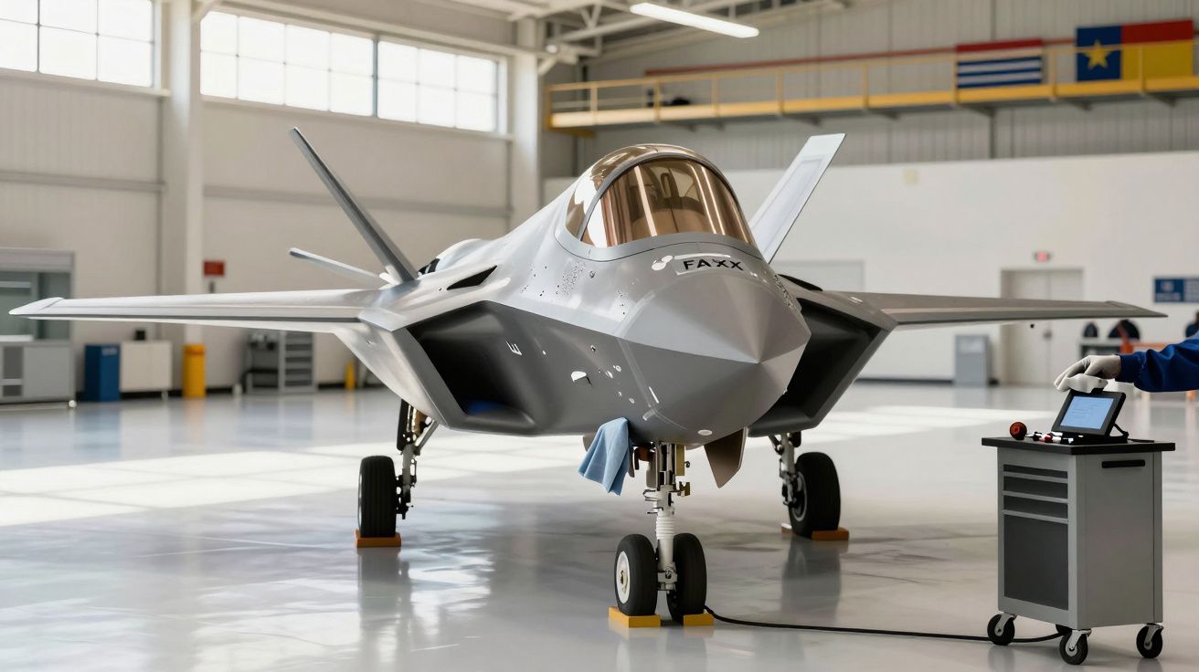 Nowoczesny myśliwiec FAXX w hangarze lotniczym, obok technik obsługujący panel kontrolny.