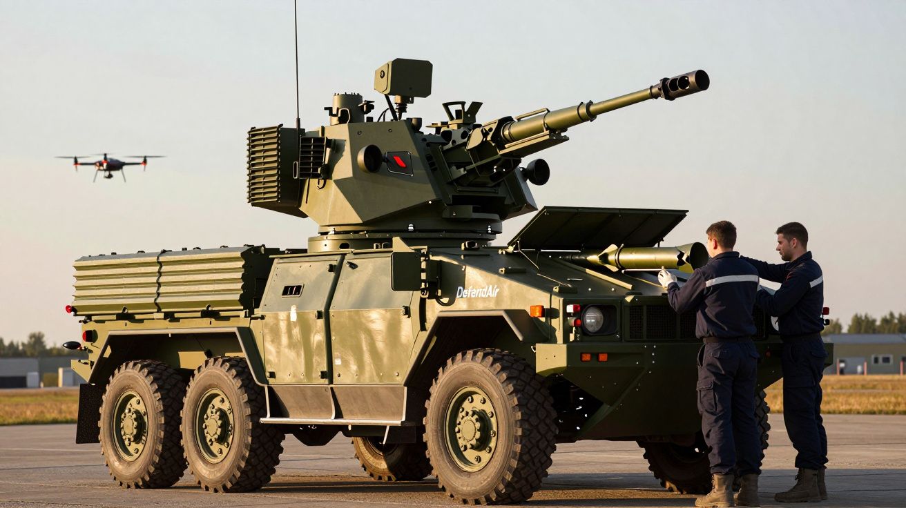 Zielony pojazd opancerzony z armatą na lotnisku, dwóch ludzi obok, w tle dron na niebie.