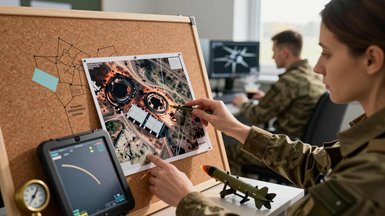 Żołnierz analizuje satelitarną mapę na tablicy korkowej w centrum dowodzenia.