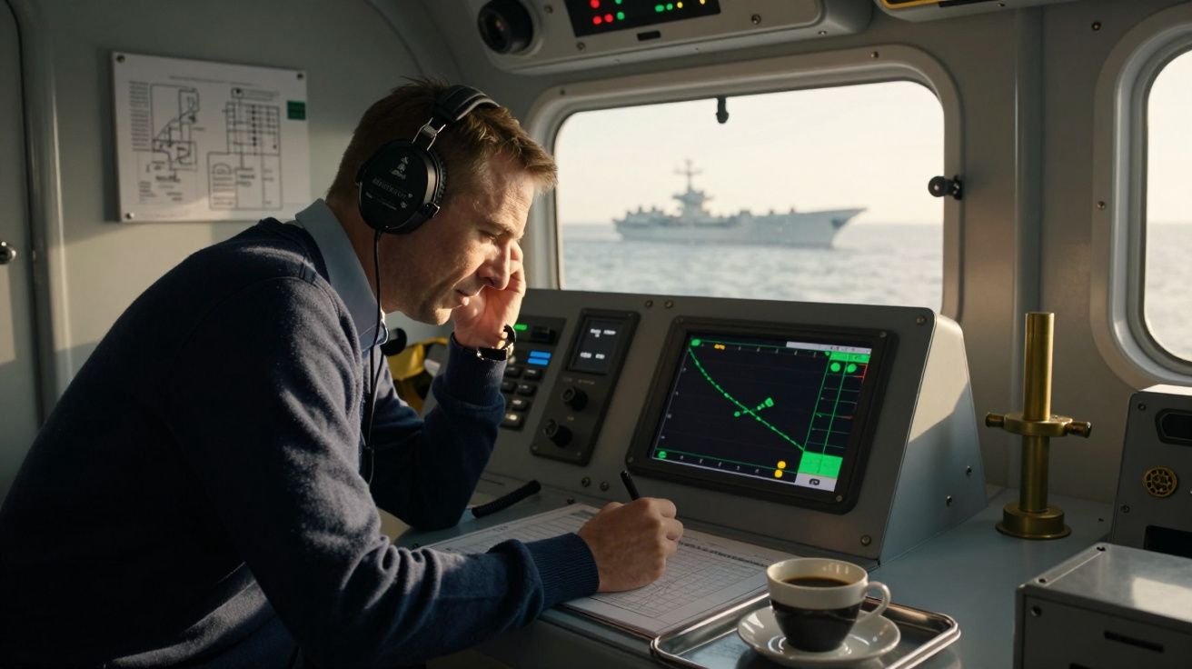 Mężczyzna w słuchawkach nawigujący statkiem, ekran radarowy, okno z widokiem na lotniskowiec, filiżanka kawy na stole.