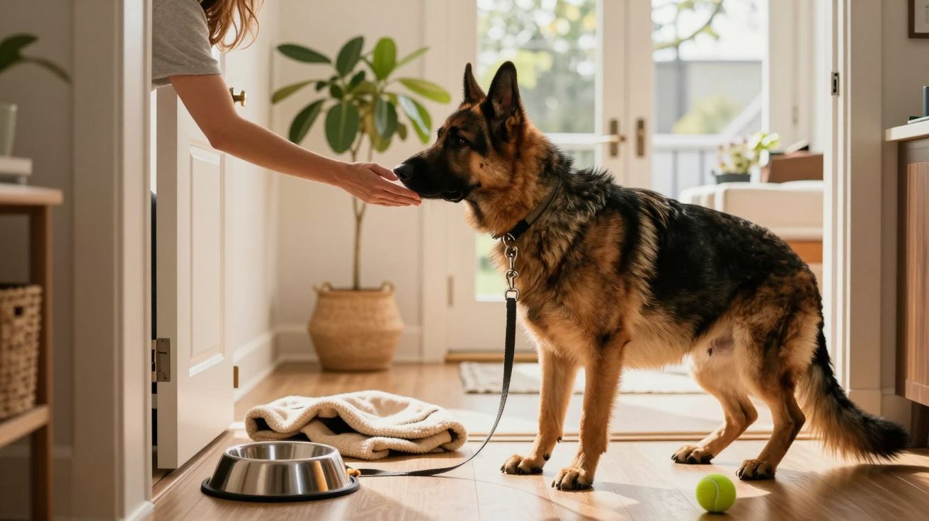 Pies rasy owczarek niemiecki siedzi w jasnym pokoju, patrząc na osobę wyciągającą dłoń. Obok miska i zabawka.