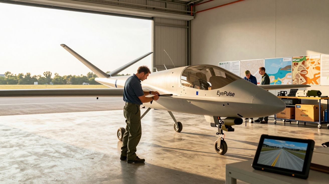 Mężczyzna pracuje przy małym samolocie w hangarze, obok stoi ekran z symulacją lotu.