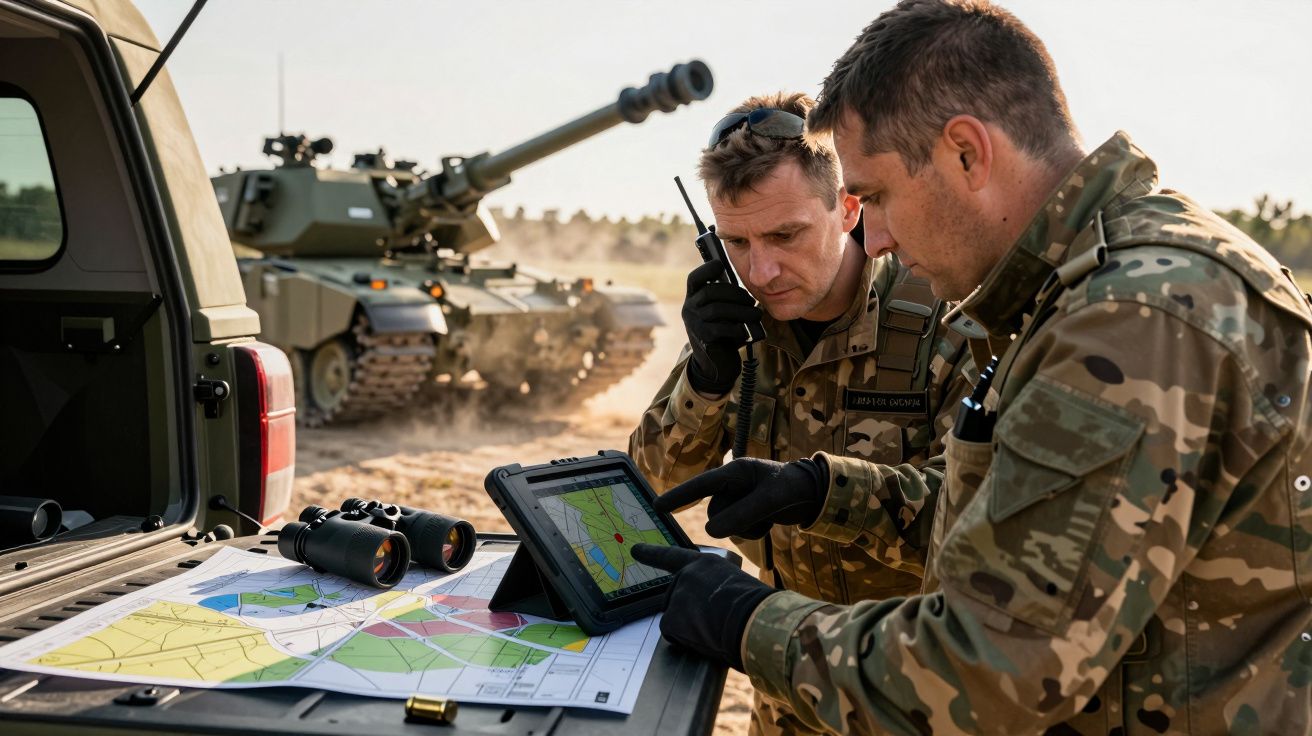 Dwóch żołnierzy w mundurach kamuflażowych analizuje mapy i tablet na tle pojazdu wojskowego.