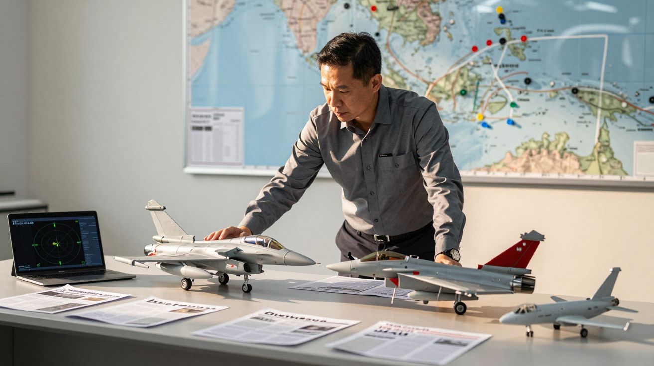 Mężczyzna przy stole z modelami samolotów i dokumentami, w tle mapa.