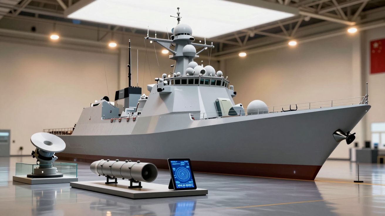 Model fregaty wojennej w hangarze, obok niego wyświetlacz i rakiety na podstawce.
