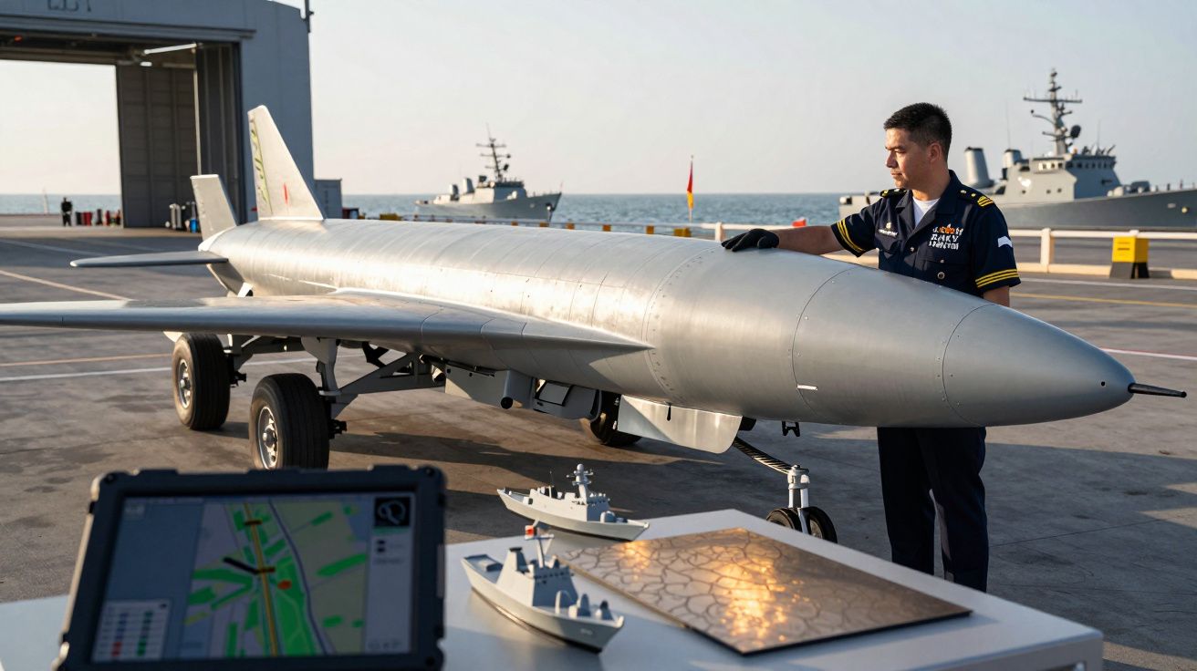 Mężczyzna w mundurze obok dużego drona na lotnisku przy morzu, w tle dwa okręty wojenne.