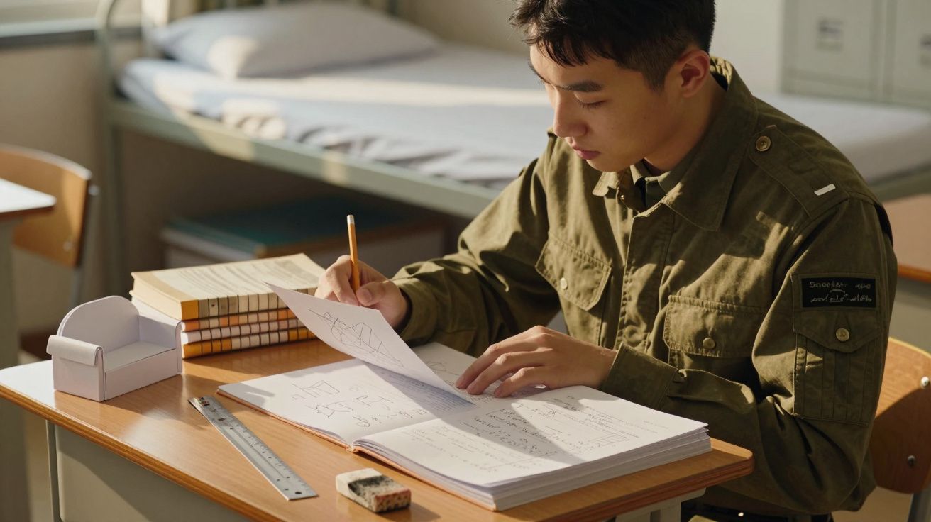 Młody mężczyzna w mundurze pisze w zeszycie przy biurku; obok książki, linijka i gumka.