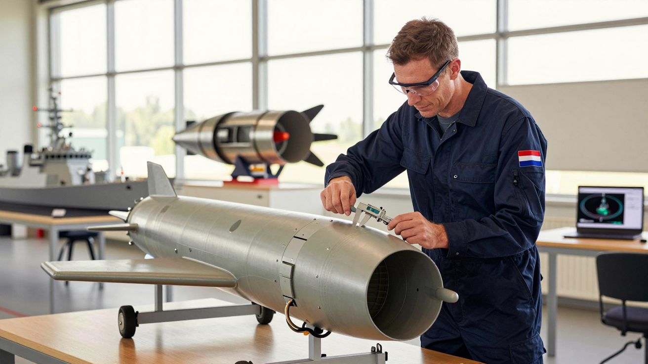 Mężczyzna w warsztacie mierzy model rakiety, używając suwmiarki, nosi granatowy kombinezon i okulary ochronne.