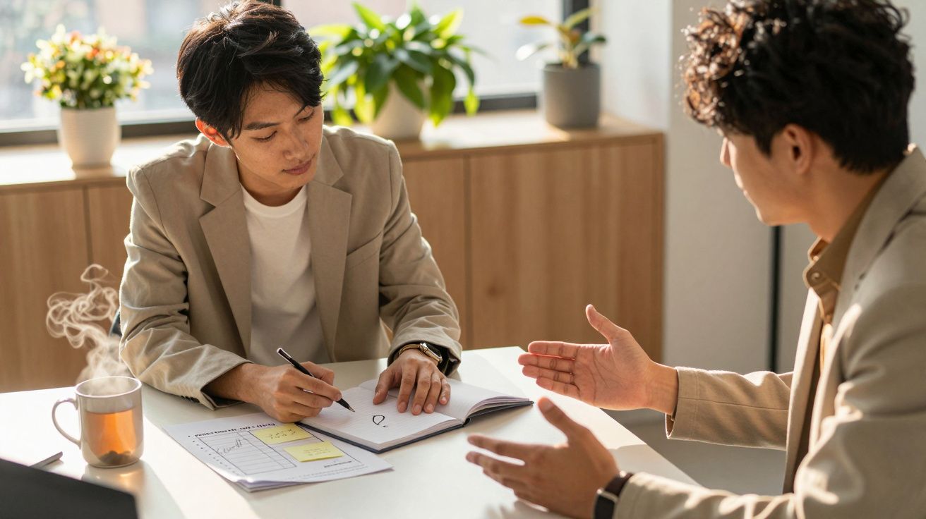 Dwie osoby w garniturach rozmawiają przy biurku, jedna zapisuje coś w notatniku, obok stoi filiżanka z herbatą.