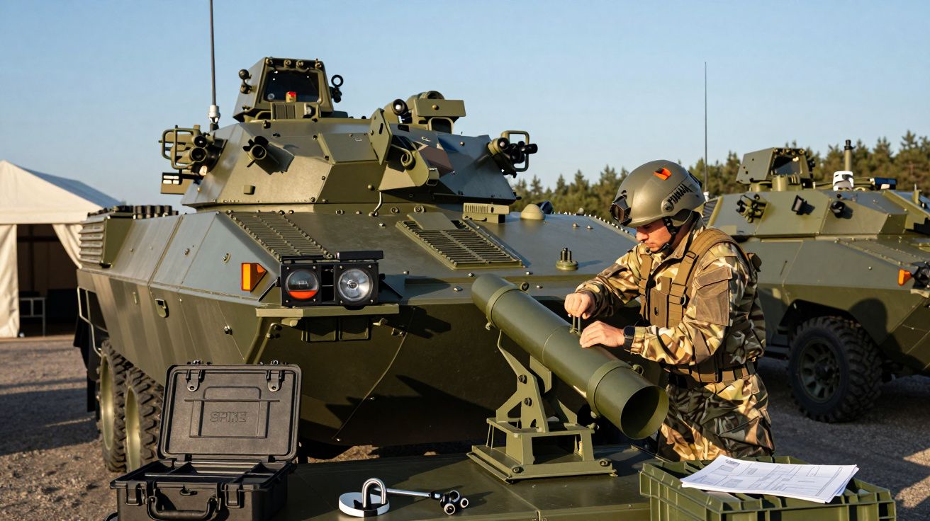 Żołnierz w mundurze obsługujący sprzęt wojskowy przed zielonym pojazdem opancerzonym na zewnątrz.