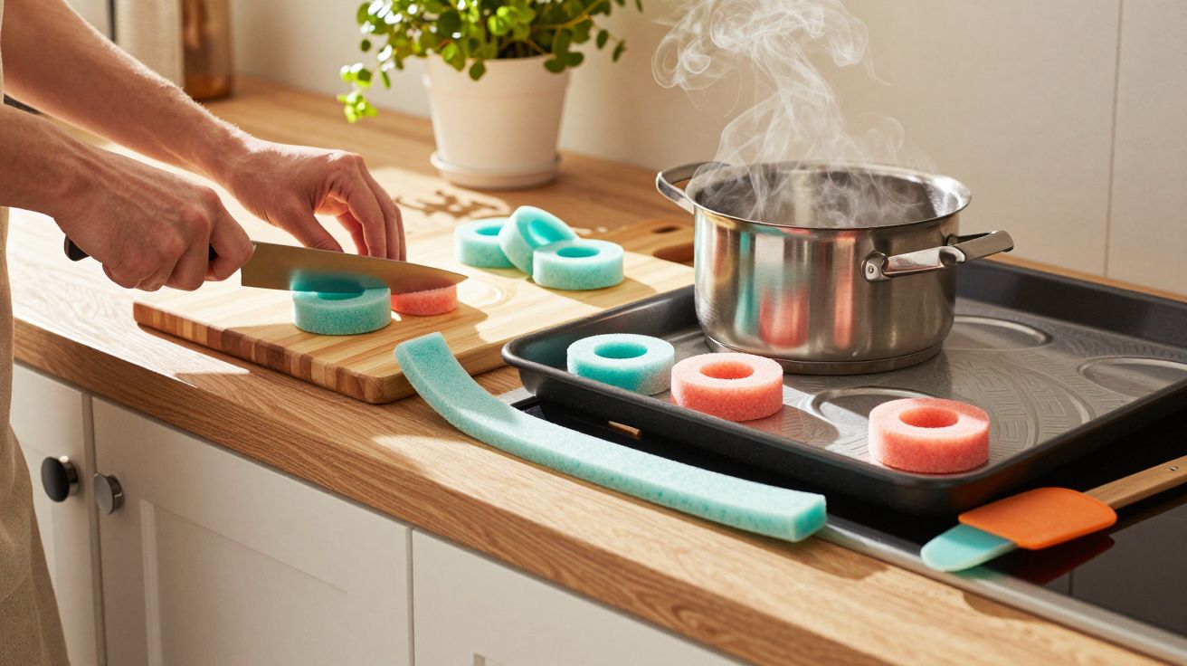 Osoba kroi na desce pierścienie z pianki basenowej, obok garnka z parującą wodą na kuchennym blacie.