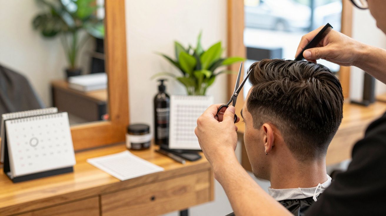 Fryzjer obcina włosy mężczyzny w eleganckim salonie fryzjerskim.