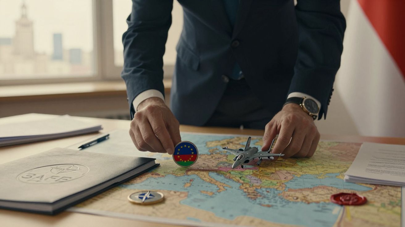 Mężczyzna w garniturze ustawia odznakę i miniaturkę samolotu na mapie. Na biurku leżą dokumenty i pieczęcie.