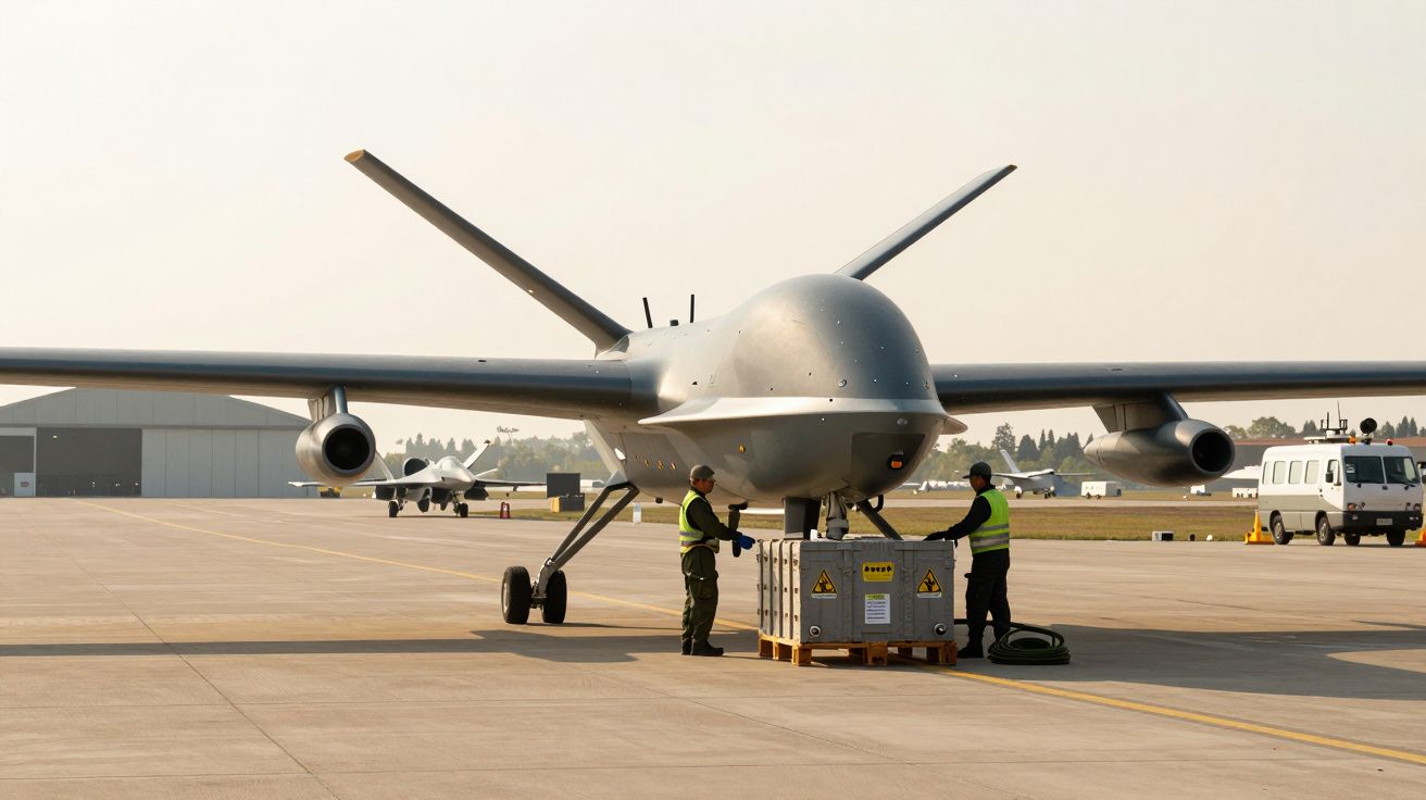 Dwóch pracowników obsługuje duży dron na pasie startowym lotniska przy jasnym niebie.
