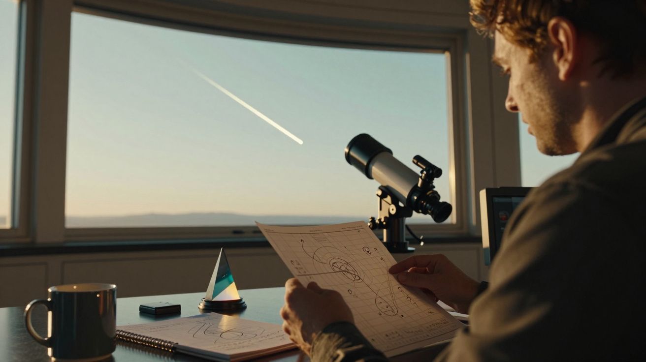 Mężczyzna w biurze analizuje schematy astronomiczne, patrząc na niebo z widocznym meteorem, teleskop obok.