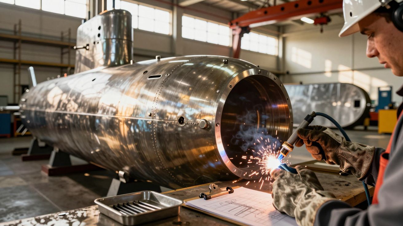 Pracownik w kasku spawa metalowy kadłub w zakładzie przemysłowym.
