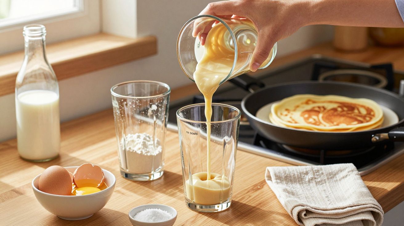 Osoba wlewa ciasto do szklanki; obok mleko, mąka, jajka. Na patelni smaży się naleśnik.