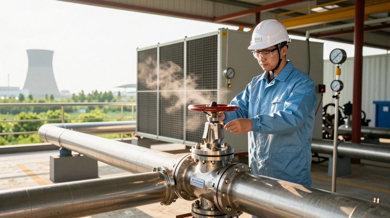 Inżynier w kasku sprawdza zawór na rurociągu, wokół urządzenia unosi się para.