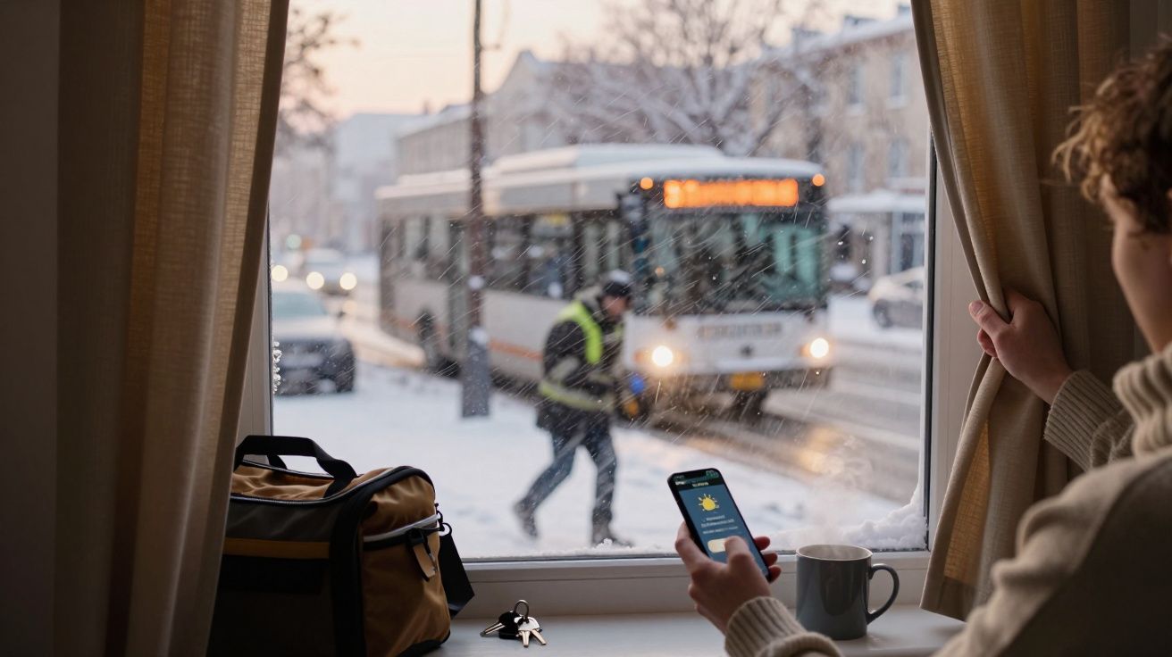 Osoba trzyma telefon przy oknie, na zewnątrz widać autobus i pieszego na zaśnieżonej ulicy.
