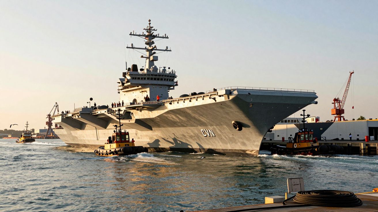 Lotniskowiec prowadzony przez holowniki opuszcza port o wschodzie słońca.