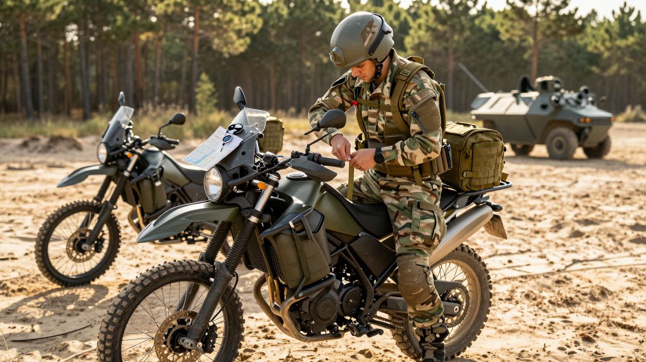 Żołnierz w mundurze kamuflażowym siedzi na motocyklu terenowym na piaszczystym terenie, w tle pojazd opancerzony.