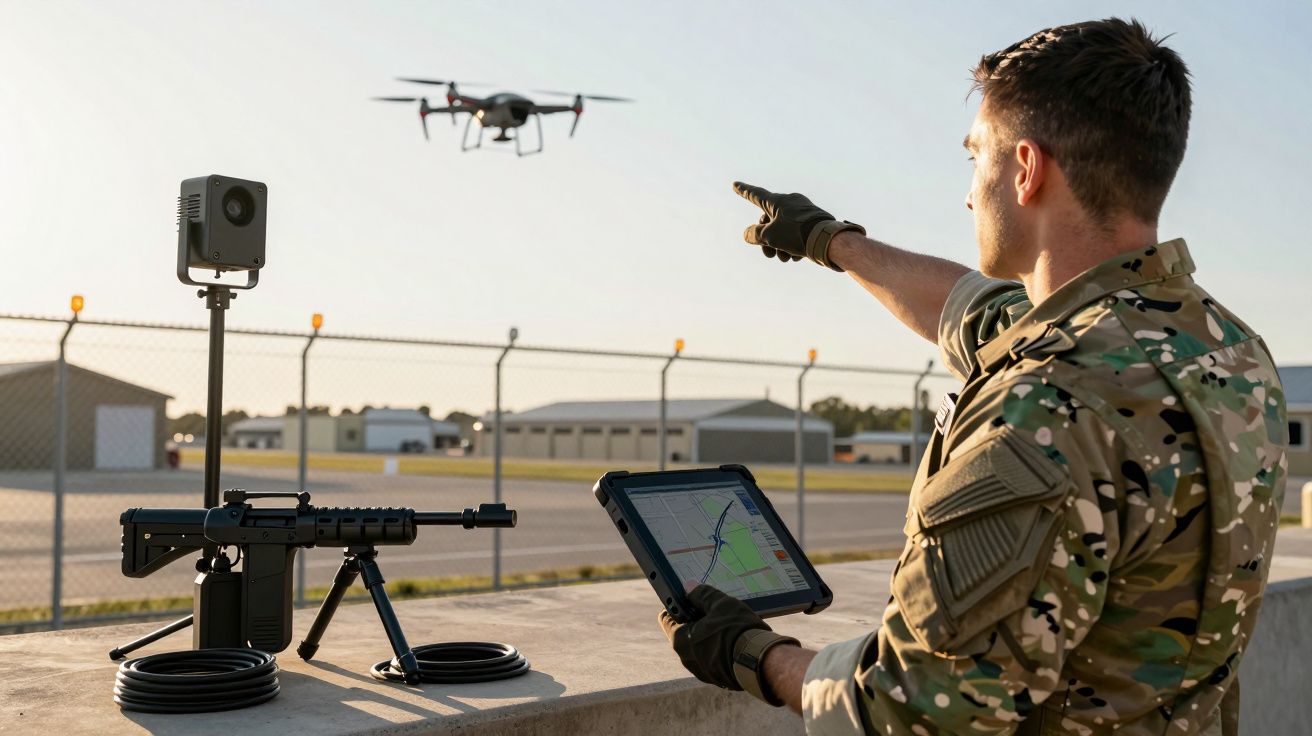Żołnierz w mundurze obsługuje drona za pomocą tabletu na lotnisku. W tle budynki i drut kolczasty.