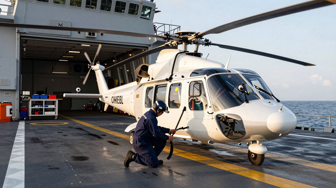 Technik serwisuje biały helikopter na pokładzie statku, blisko otwartego hangaru na morzu.