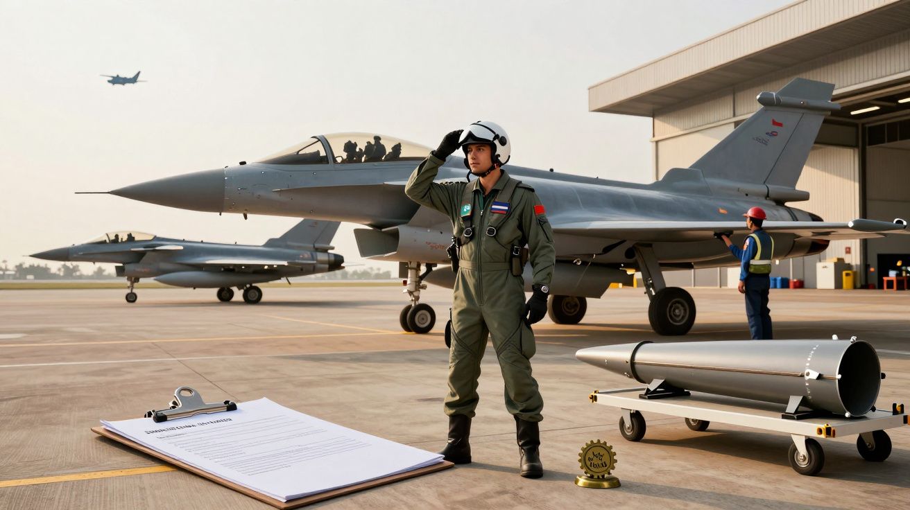 Pilot salutujący przed myśliwcem na lotnisku, w tle technicy i drugi samolot.