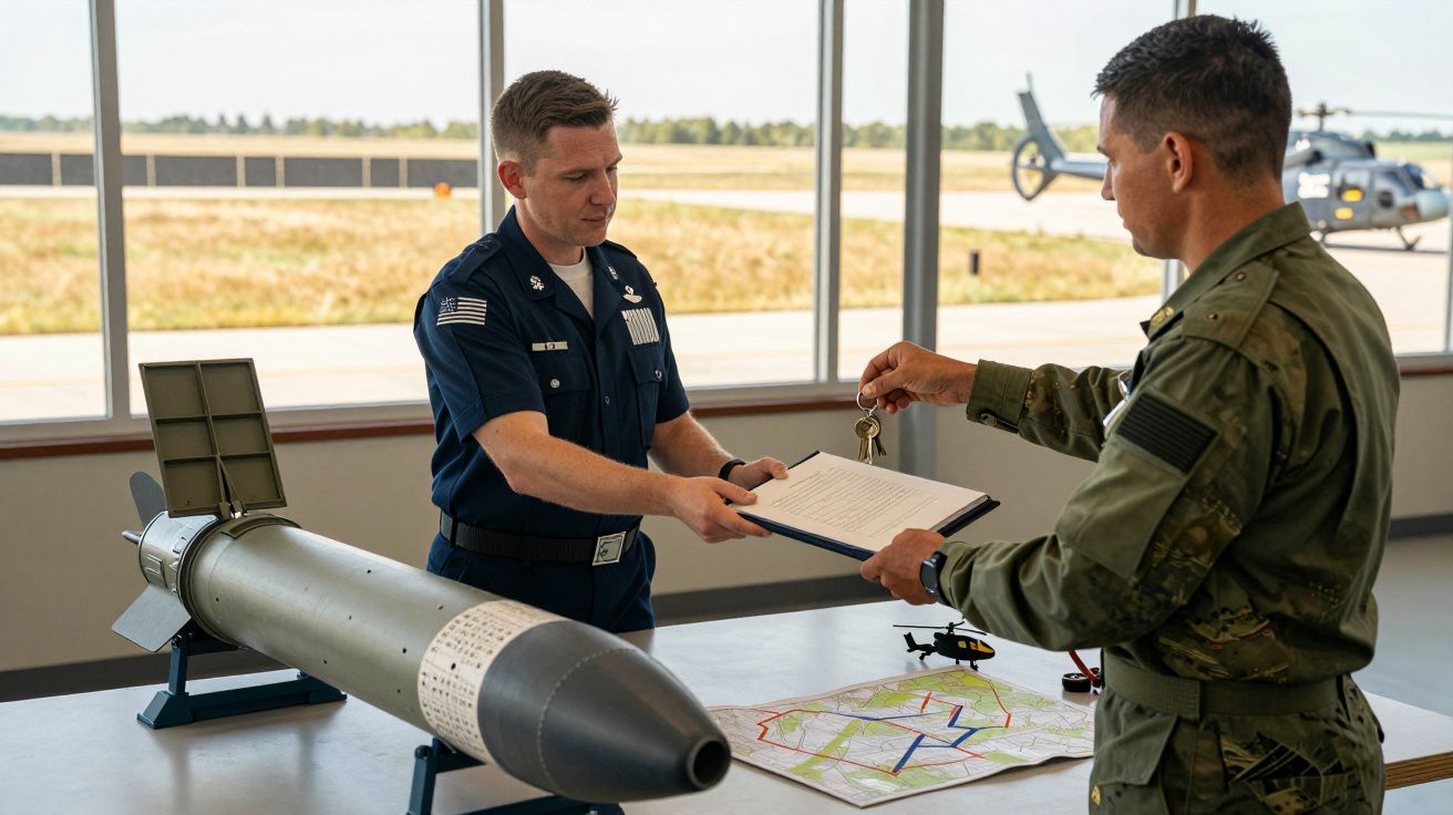 Dwóch żołnierzy przy stole z makietą rakiety i mapą, wymieniających dokumenty; w tle śmigłowiec na lotnisku.