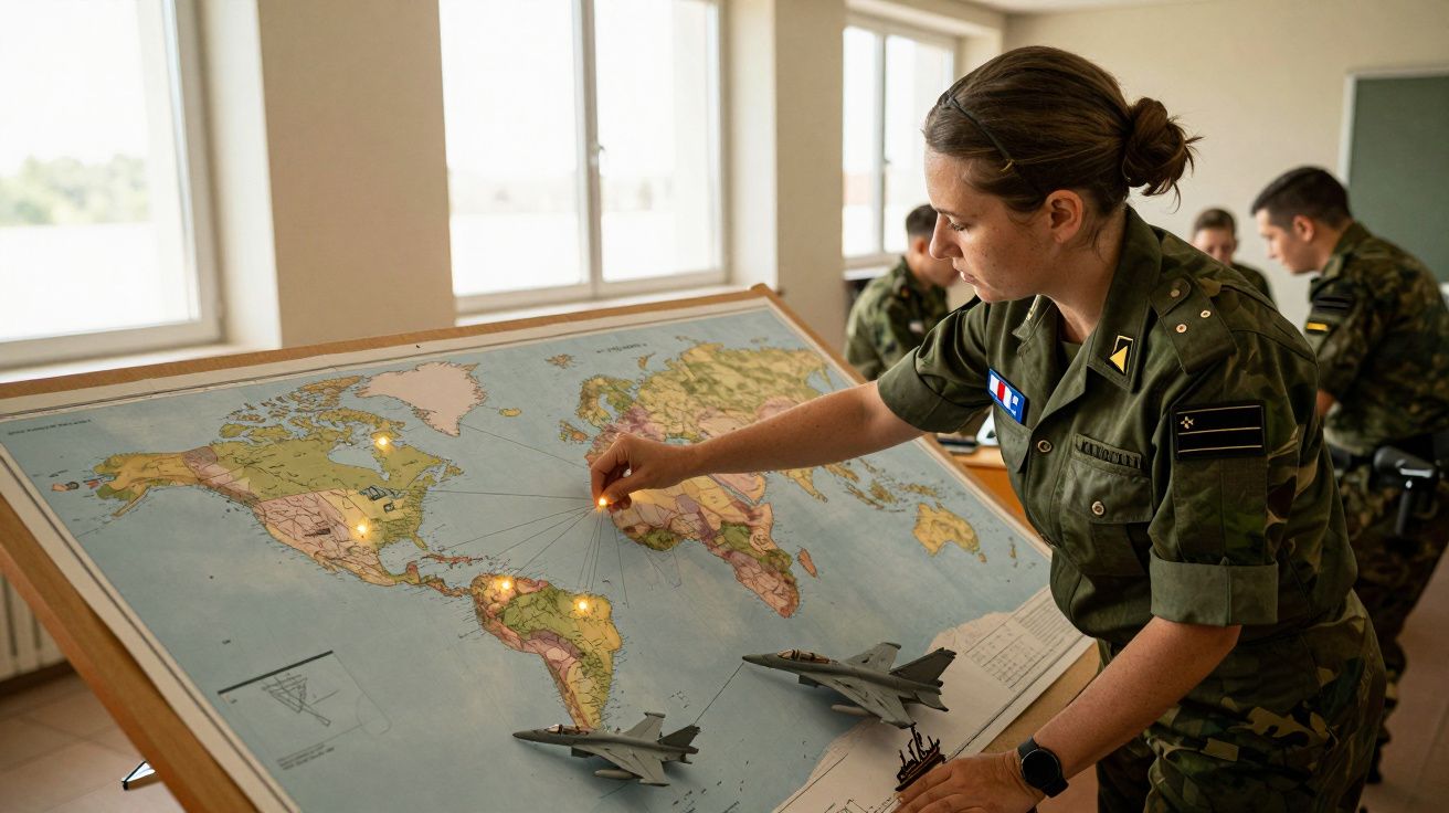 Żołnierka w mundurze wskazuje na mapę świata z modelami samolotów i zaznaczonymi punktami, w sali z oknami.