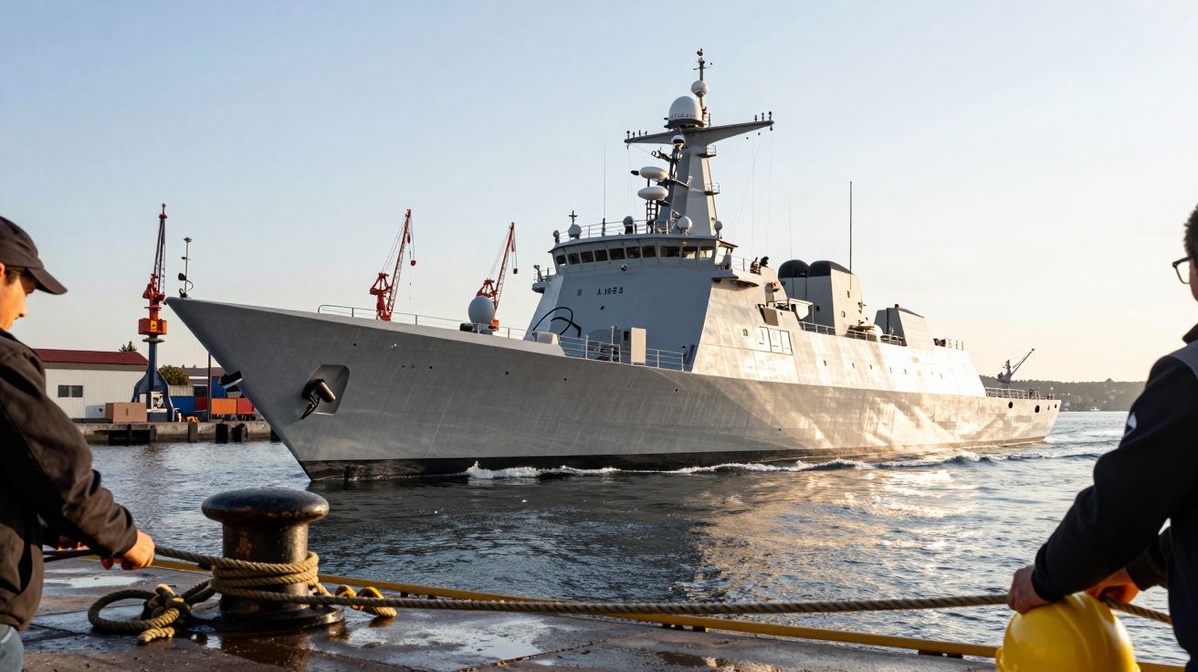 Fregata przy nabrzeżu z widokiem na żołnierzy w porcie, w tle żurawie i morze.