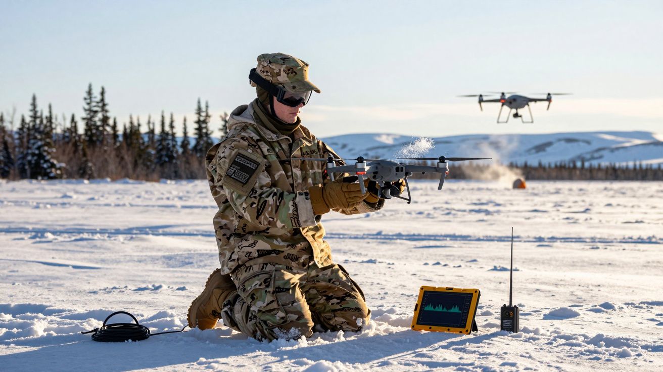 Żołnierz w kamuflażu obsługujący drona na śniegu, w tle śnieżne wzgórza i drugi dron w powietrzu.