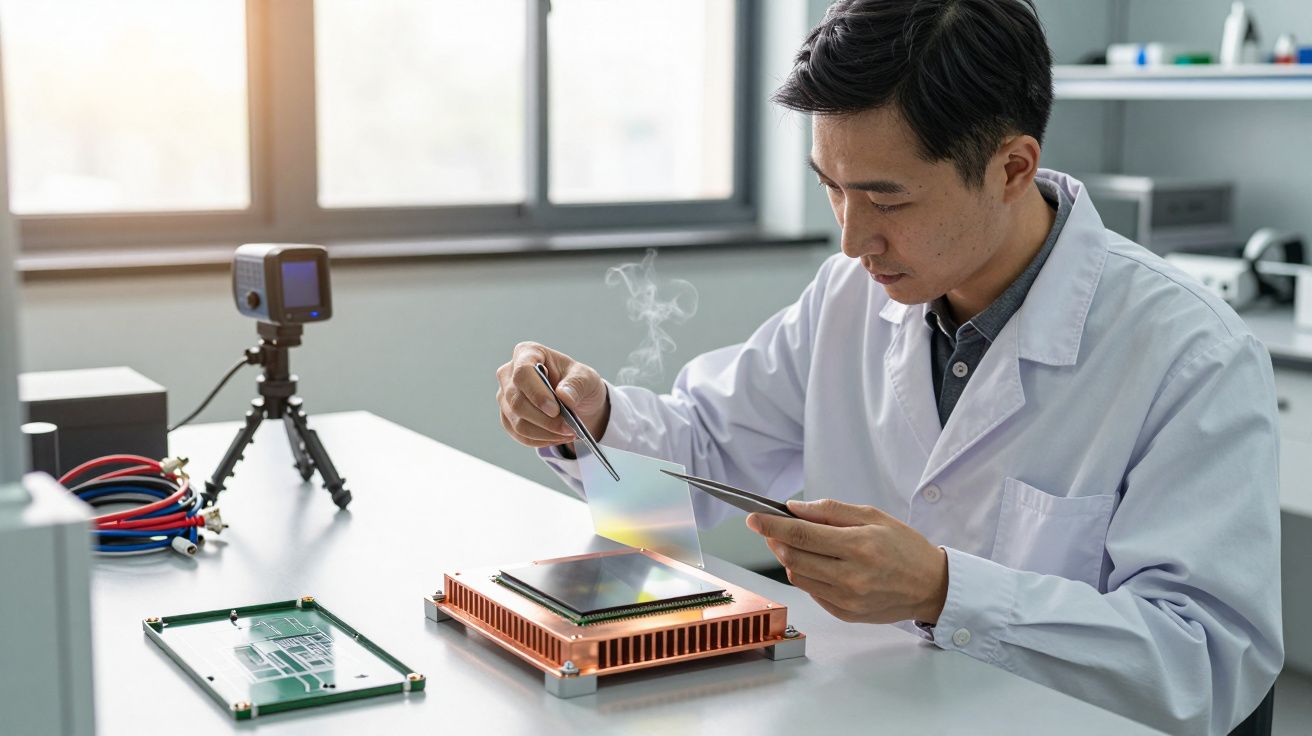 Mężczyzna w białym fartuchu laboratoryjnym pracuje nad komponentem elektronicznym w laboratorium.