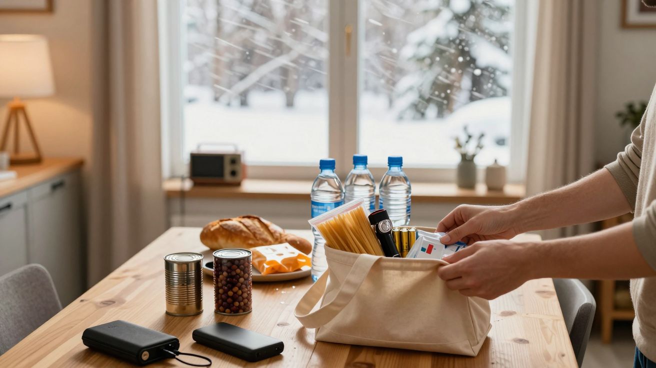 Osoba pakująca jedzenie i wodę do torby na stole. W tle zimowy widok za oknem.