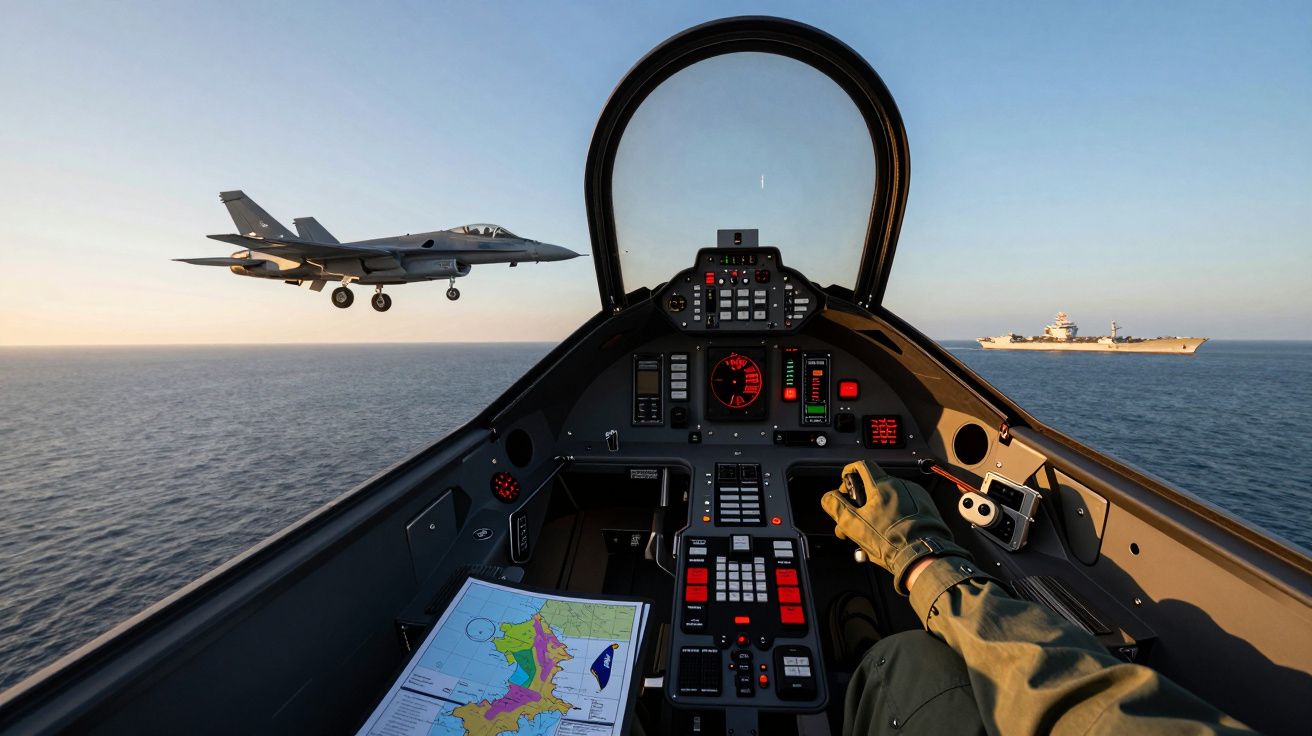 Widok z kokpitu myśliwca nad oceanem, zbliżający się samolot i lotniskowiec w oddali.