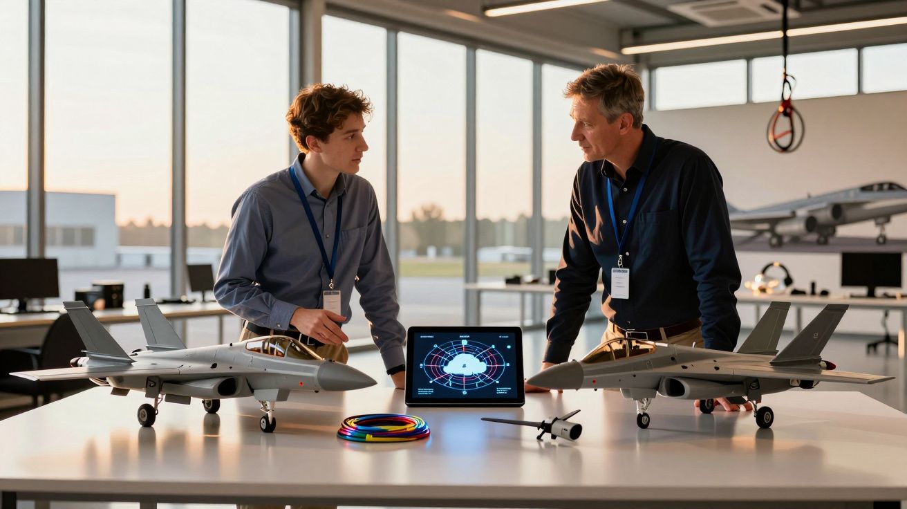 Dwóch mężczyzn omawia modele samolotów na stole; na środku stoi laptop z wyświetloną grafiką lotniczą.