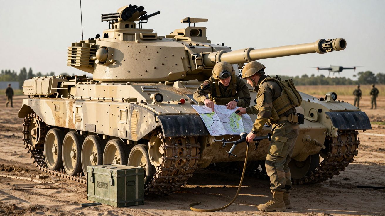 Żołnierze przy mapie opierają się o czołg na poligonie. W tle widać dron i inne osoby.