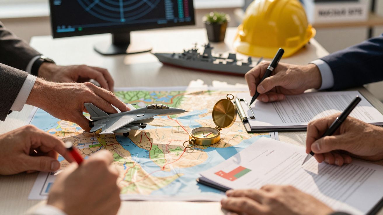 Cztery osoby przy stole, mapa z modelem samolotu i kompasem, obok notatki i model statku.