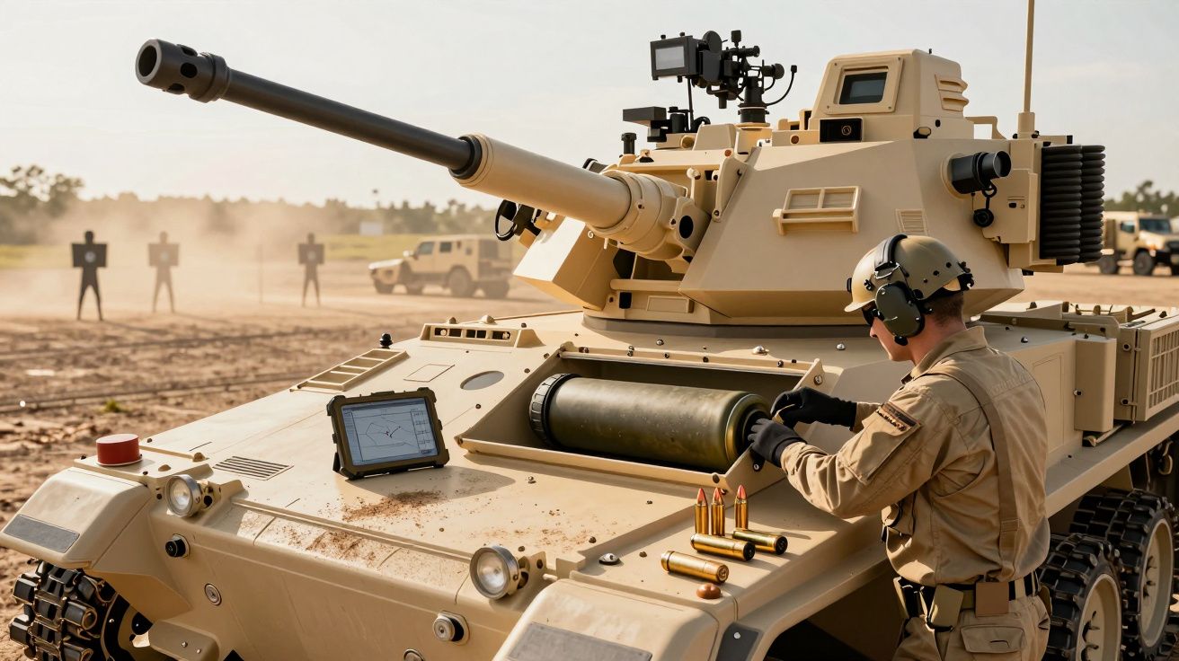 Żołnierz ładuje amunicję do działa na pojeździe pancernym na poligonie.