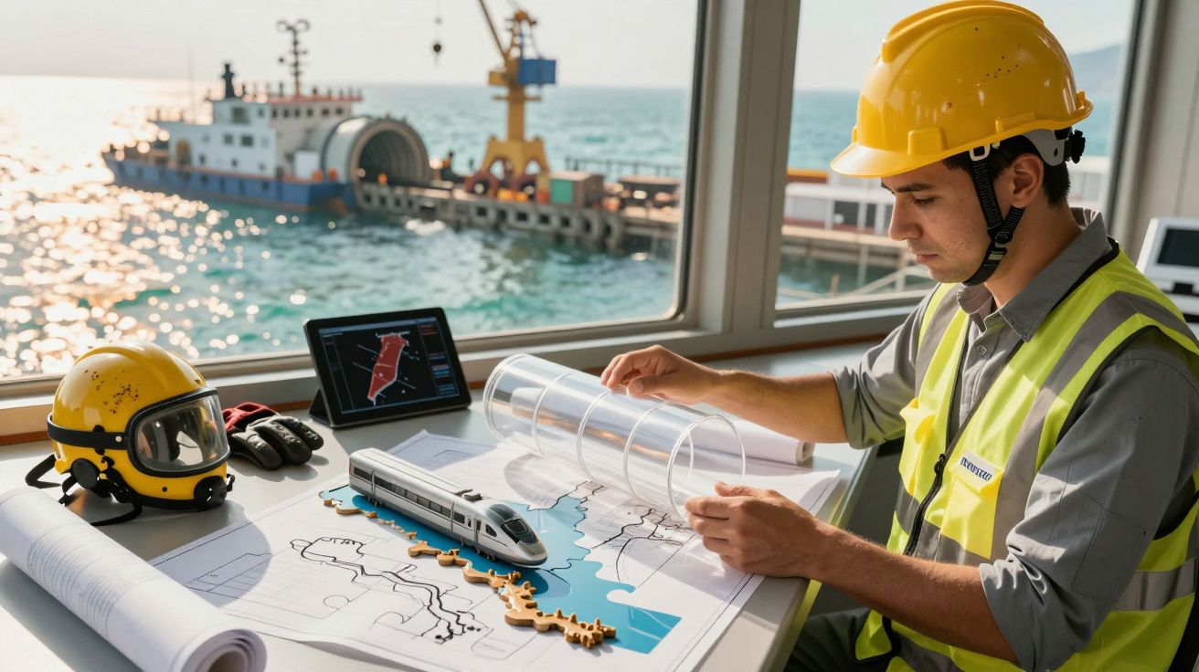 Inżynier analizuje plany kolejowe przy biurku z widokiem na morze, obok leży kask i tablet.