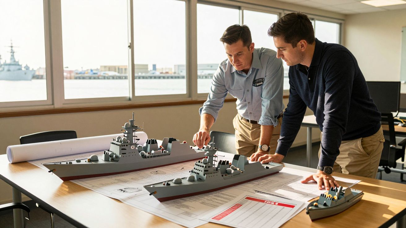 Dwóch mężczyzn pochyla się nad modelami statków na stole w biurze z oknem.