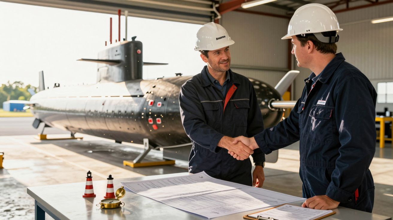 Dwaj mężczyźni w kaskach ochronnych podają sobie ręce w hangarze z łodzią podwodną w tle.