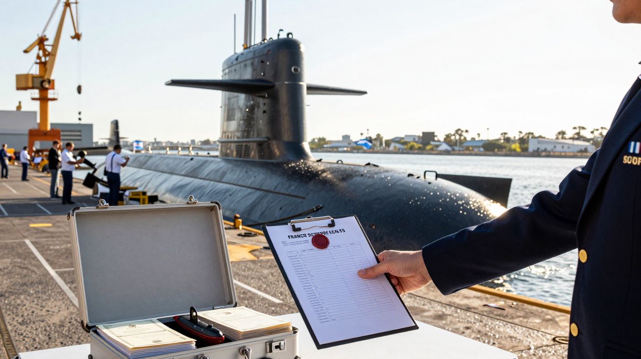 Mężczyzna w mundurze trzyma dokumenty na tle łodzi podwodnej zacumowanej w porcie.