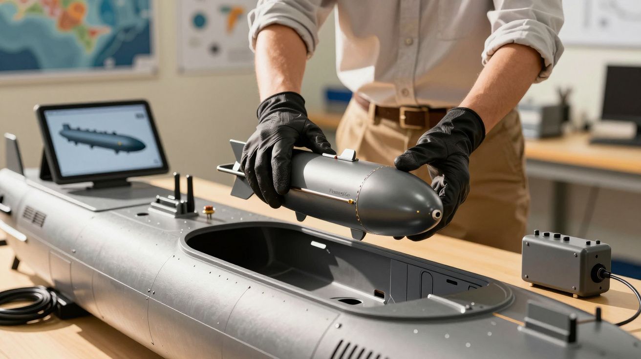 Osoba w rękawiczkach trzyma model torpedy nad modelem okrętu podwodnego na biurku.