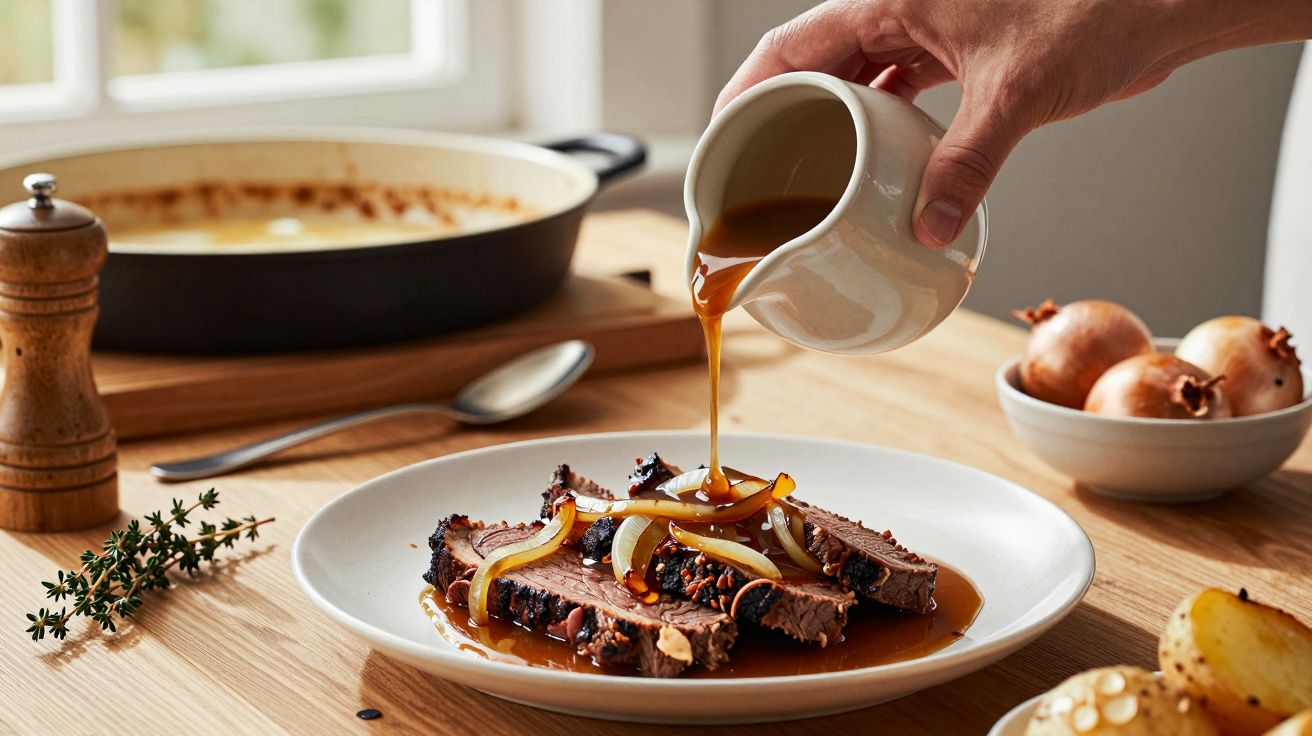 Ręka polewa sosem pieczoną wołowinę na talerzu obok cebuli, ziemniaków i ziół w kuchni.