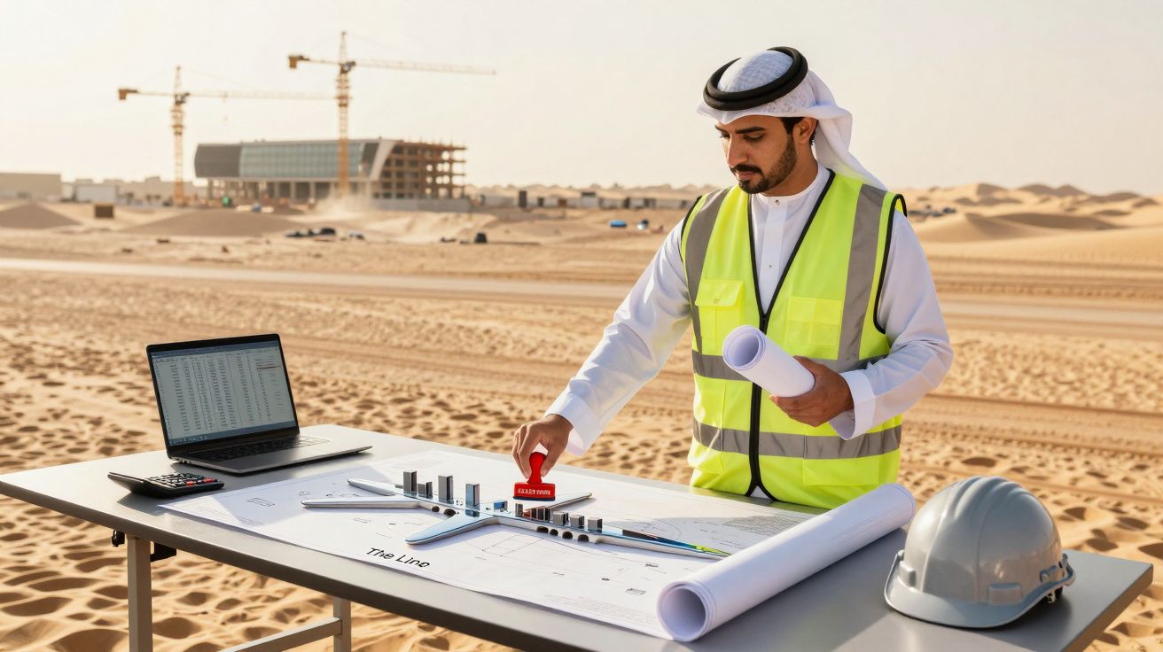 Inżynier w kamizelce odblaskowej analizuje plany budowy na pustyni, obok znajdują się kask, komputer i projekt.