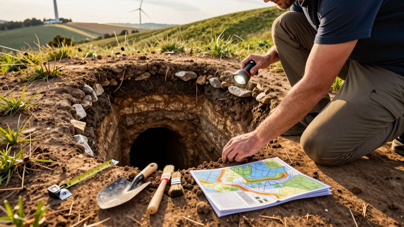 Osoba używa latarki przy wejściu do tunelu na łące, z mapą i narzędziami na ziemi obok.