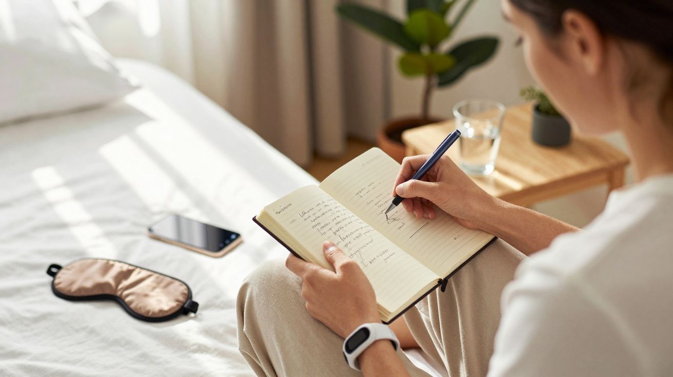 Osoba pisze w notatniku siedząc na łóżku, obok jest telefon, opaska na oczy i szklanka z wodą.
