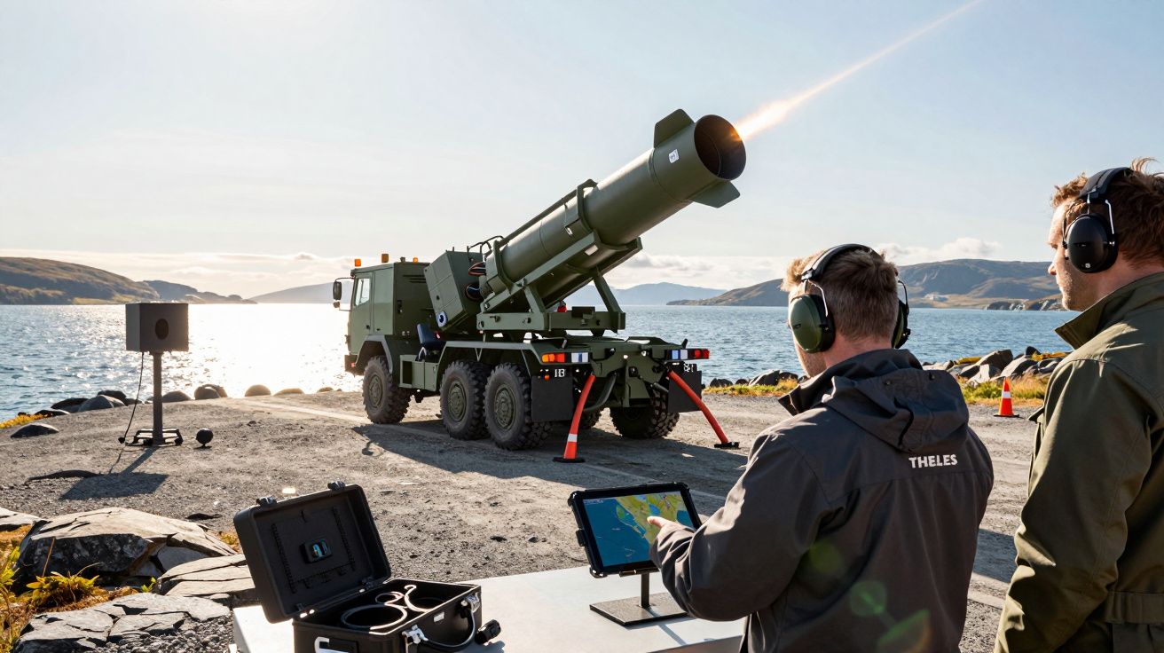 Ludzie obsługują pojazd wojskowy z wyrzutnią rakiet nad jeziorem, w tle góry.