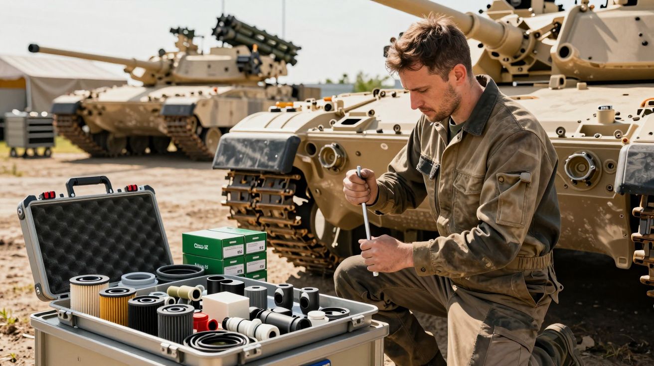 Mężczyzna w mundurze naprawia sprzęt wojskowy obok czołgu, z walizką pełną narzędzi i części.